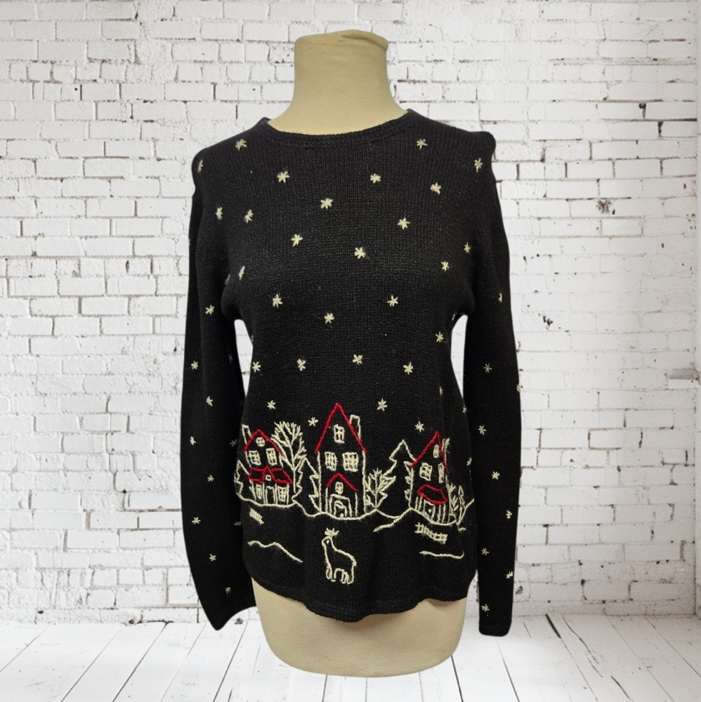 Vintage Northern Isles Holiday Ugly Christmas Sweater Petite SZ S Deer Village
